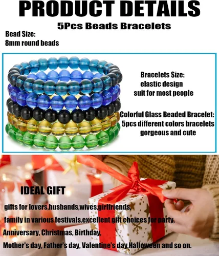 Miniatura 2 de BOMAIL 5 pulseras elásticas de cuentas de 0.315in, hechas a mano, redondas, de cristal, para mujeres, multicolor, mate, pulsera elástica, regalos