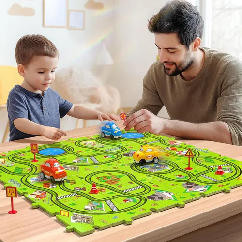 Miniatura 8 de JUKUDAHU Juego de 64 Piezas de Pista de Carreras de Rompecabezas con Coches de Juguete para Niños de 3 4 5 6 Años - Pistas de Rompecabezas