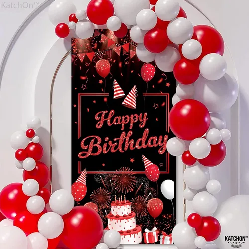 Miniatura 2 de KatchOn, Cartel rojo de feliz cumpleaños – XL, 74 x 36 pulgadas Decoraciones de cumpleaños rojo y negro Cartel de feliz cumpleaños