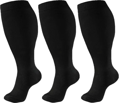 Unnclou 3 pares de calcetines de compresión de talla grande para mujeres y hombres, 15-20 mmHg, extra grandes hasta la rodilla, medias de soporte