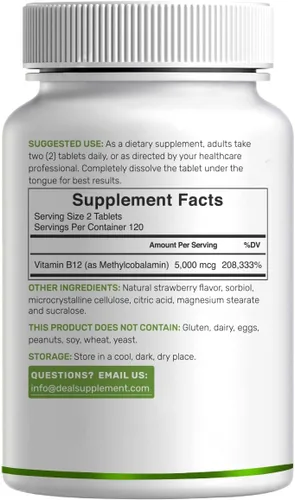 Miniatura 3 de DEAL SUPPLEMENT Vitaminas Metil B-12 de 5000 mcg, 240 tabletas masticables Forma activa – Sabor fresa – Apoyo energético y función de salud