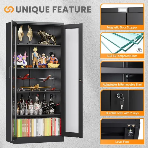 Miniatura 7 de Gabinete de exhibición con bloqueo con puerta de cristal, gabinetes Curio de metal de 71 pulgadas de alto con estantes ajustables, vitrina de licor