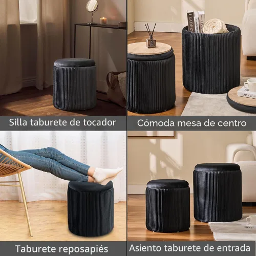 Miniatura 5 de BLEXA Juego de 2 Otomanas Redondas con Almacenamiento - Taburete de Tocador de Terciopelo Tapizado para Maquillaje - Otomanas Multifuncionales