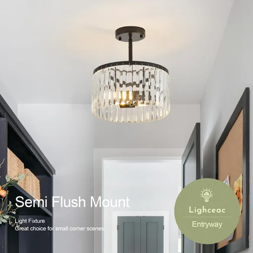 Miniatura 3 de Moderna lámpara de techo de cristal semiempotrada negra de 12" para comedor, candelabro pequeño de lujo glamoroso de 2 luces para dormitorio