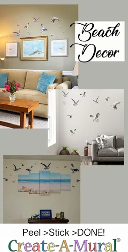 Miniatura 2 de Calcomanías decorativas para pared de gaviota, calcomanías de escena de playa, rebaño de pájaros voladores, vinilo costero, sala de estar, baño