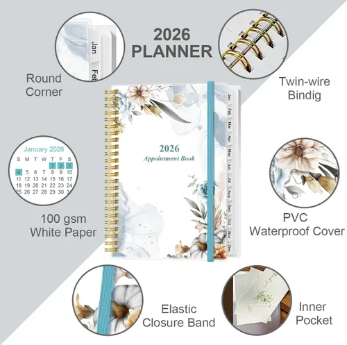 Miniatura 2 de Agenda 2026 - Planificador diario y por hora 2026 desde enero 2026 hasta diciembre 2026, 12 pestañas mensuales, bolsillo interior, 16.3 x 21.6 cm