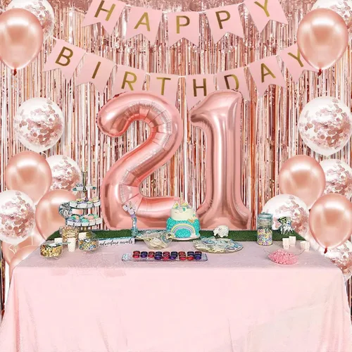 Miniatura 6 de Decoraciones de cumpleaños 21 para ella, pancarta de feliz cumpleaños 21, corona, banda, adorno para pastel y globo con números, decoraciones de 21th