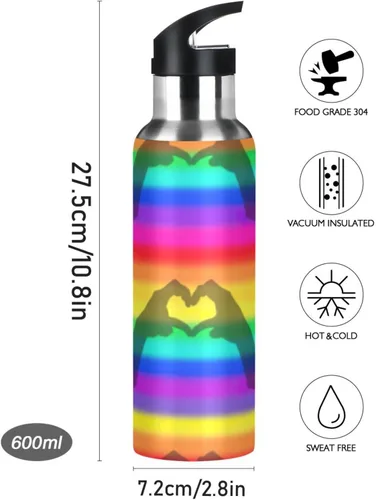 Miniatura 9 de Rainbow Stripes - Botella de agua aislada de acero inoxidable con pajilla, botellas de agua a prueba de fugas, botella de agua deportiva sin BPA