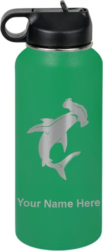 Miniatura 30 de LaserGram Botella de agua personalizada, tiburón martillo, acero inoxidable de doble pared aislada al vacío con popote superior, regalo grabado