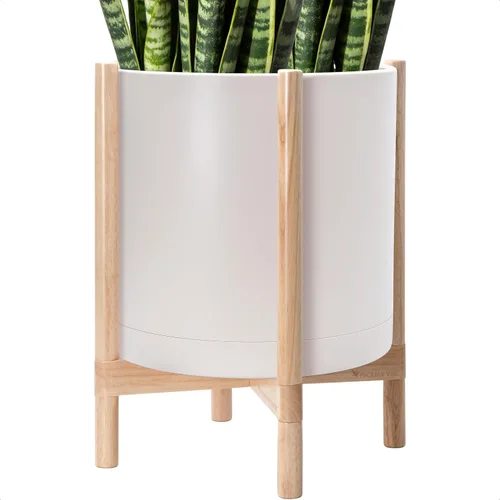 Miniatura 59 de Maceta de D'vine Dev con soporte - Maceta de flores de cilindro de plástico de 8.0 pulgadas con soporte de madera para interiores, maceta mate negra