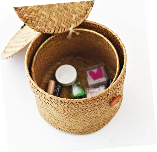 Miniatura 2 de NOLITOY Caja de almacenamiento de 3 piezas con tapa, estante redondo, bandeja para verduras con tapa, decoración de mano, cestas de almacenamiento