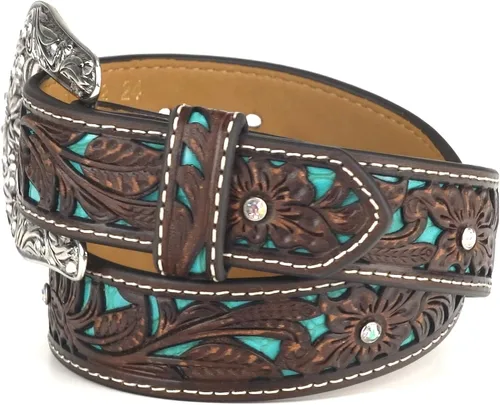 Miniatura 6 de ARIAT Cinturón floral marrón juvenil con incrustaciones de turquesa pintadas