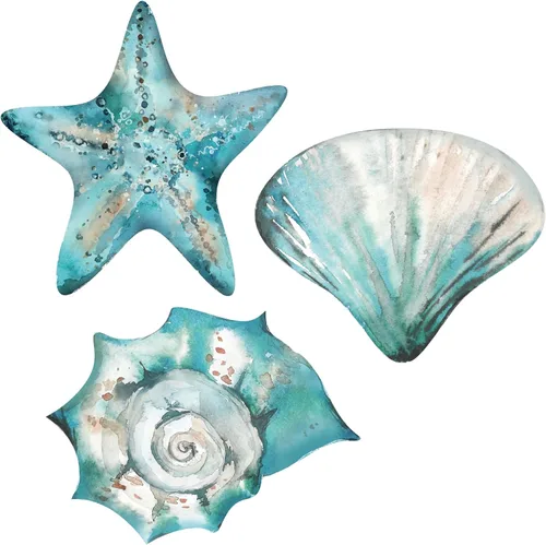 Miniatura 9 de Tatuo 3 piezas de decoración de pared costera de verano para baño, playa, arte de pared azul, tortuga de mar, tabla de surf, caballito de mar