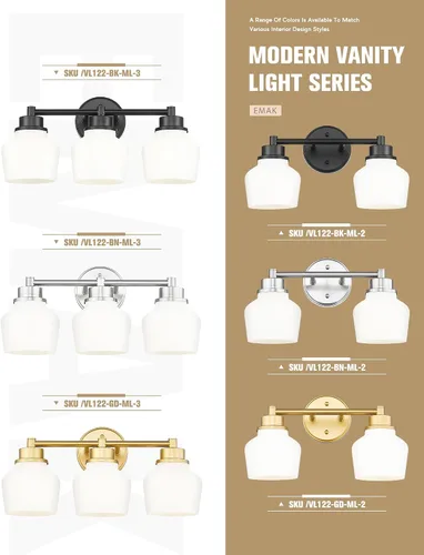 Miniatura 6 de Lámpara de tocador dorada Emak con pantalla de vidrio lechoso, accesorios modernos de iluminación de baño sobre espejo, 3 luces de tocador de baño