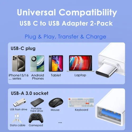 Miniatura 2 de Adaptador USB C a USB (paquete de 2), adaptador USB 3.0 a tipo C OTG, transferencia de datos de alta velocidad de 5 Gbps, compatible con MacBook