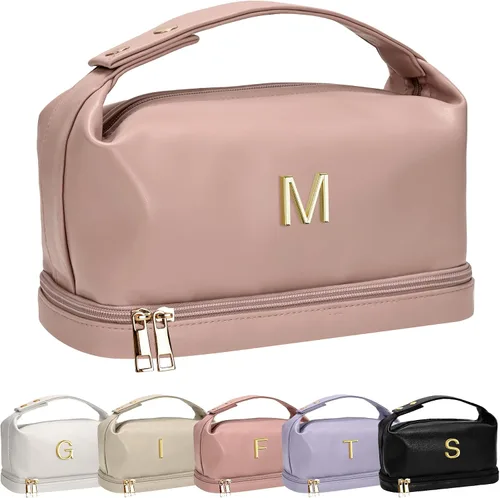 Miniatura 11 de Bolsa de maquillaje con asa, bolsa de cosméticos impermeable de doble capa, bolsas de maquillaje de cuero PU de gran capacidad con letra, bolsa