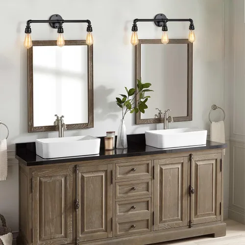 Miniatura 2 de Lámpara de tocador de baño, 3 luces de granja industrial de tubería de agua negra