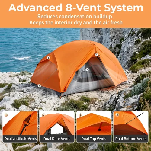 Miniatura 5 de CANTUO 2/3 persona mochilero tienda 4 temporada con huella 20D ultraligero 4.12 libras 157.480 in impermeable y resistente al viento tiendas