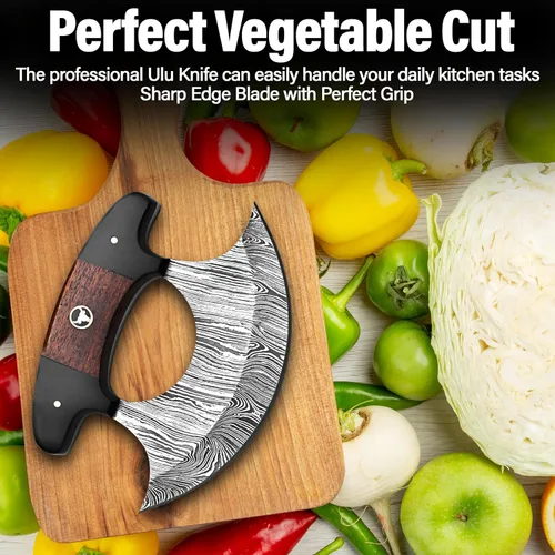 Miniatura 5 de Damascus Ulu Cuchillo hecho a mano de 5.5 pulgadas, cortador de pizza de Alaska, pequeño cuchillo Ulu con funda, regalo ideal de Alaska para picar