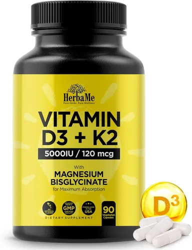 HerbaMe Vitamina D3 5000 UI + K2 con bisglicinato de magnesio | Fórmula completa de apoyo para la activación y absorción D3 | Bienestar óseo,