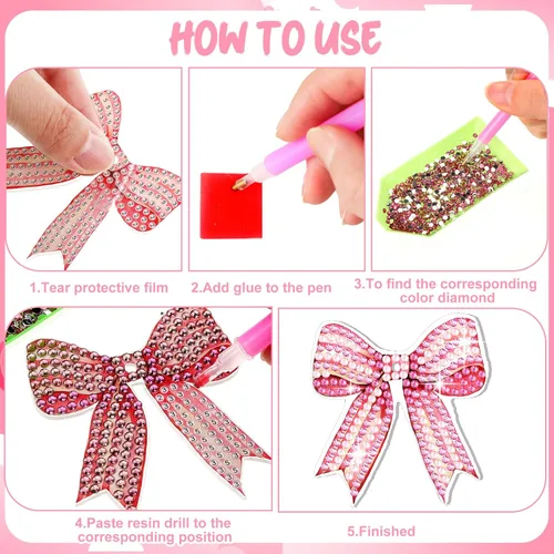 Miniatura 4 de Siifert 15 llaveros de arte de diamantes con lazo rosa, regalos de fiesta de coqueta, lazo rosa 5D, adornos colgantes de Navidad, kit de llaveros