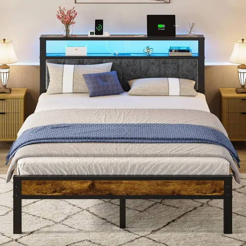 Miniatura 9 de Liians Base de cama de plataforma de tamaño individual con luces LED, cabecera tapizada gris con estantes de almacenamiento de 2 niveles, estación