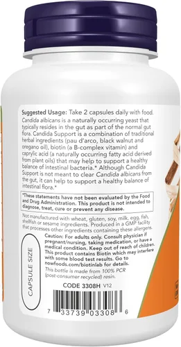 Miniatura 3 de Now Suplementos, Candida Support con Pau D'Arco, aceite de orégano, nogal negro y ácido caprílico, 90 cápsulas de verduras