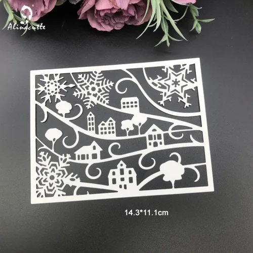 Miniatura 5 de Alinacutle Marco de fondo de aldea de nieve, troqueles de corte de metal para hacer tarjetas hechas a mano, álbum de recortes, plantilla de Marco