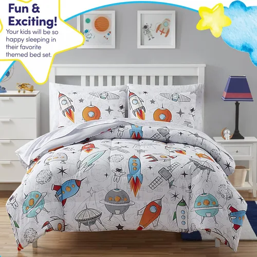 Miniatura 3 de Juego de ropa de cama para niños en una bolsa para niños y niñas, con juego de sábanas impresas y edredón, tamaño completo, flotando en el espacio
