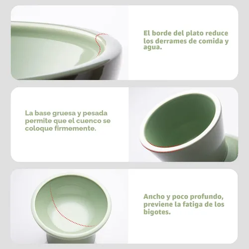 Miniatura 3 de CEEFU 2 cuencos elevados de cerámica para gatos extra anchos para alimentos y agua, plato de comida poco profunda, sin plomo ni cadmio, altura Verde