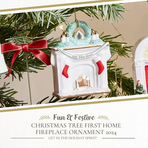 Miniatura 2 de Spode Adorno de chimenea para árbol de Navidad, primer hogar - Repisa festiva con medias, corona verde y acogedora escena de fuego, decoración