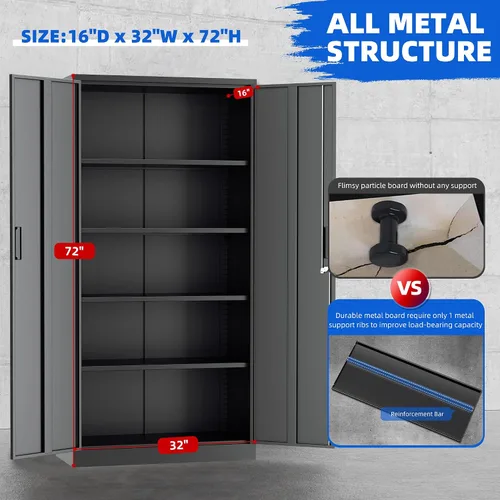 Miniatura 5 de Superday Gabinete de almacenamiento de metal, armarios de almacenamiento de garaje de 72 pulgadas con cerradura, gabinete de metal negro con 2