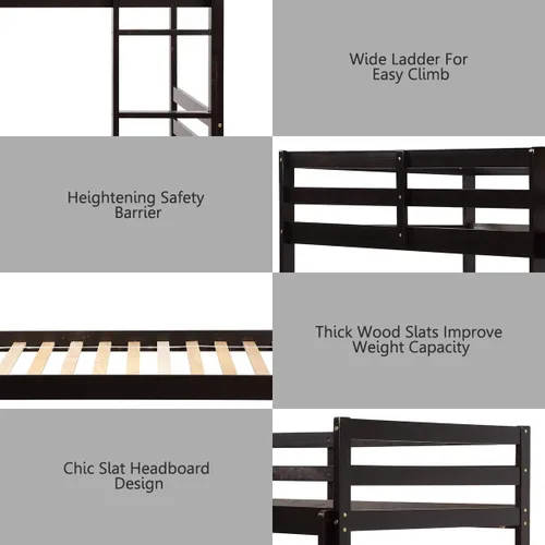 Miniatura 6 de Costzon Literas de tamaño individual sobre individual, dos camas convertibles de madera, litera de madera maciza de goma con escalera integrada