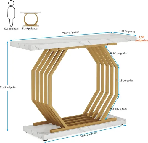 Miniatura 2 de Tribesigns Mesa Consola Dorada, Mesa de Entrada Estrecha de Mármol Sintético con Base de Metal Geométrica, Mesa de Acento Moderna de 40 Pulgadas