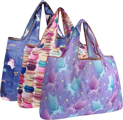 Miniatura 33 de alldyrew - Bolsa plegable para compras, reutilizable de nailon grande, 3 unidades Deliciosos alimentos