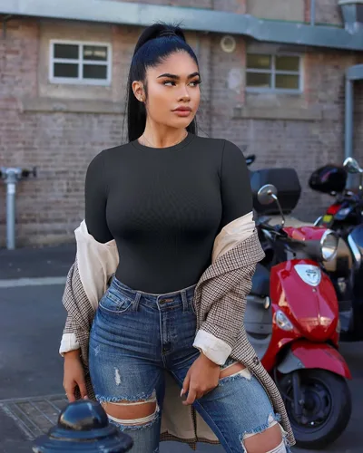 Miniatura 5 de OQQ Camisetas de manga larga de 3 piezas para mujer, cuello redondo, elásticas, ajustadas, con capas
