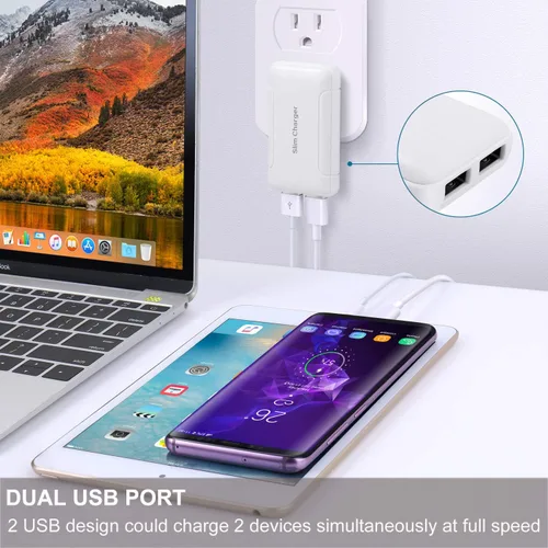 Miniatura 3 de Cargador de pared delgado, paquete de 2 cargadores de pared USB-A de doble puerto de 3A/5V con enchufe plegable, enchufe de pared USB doble plano