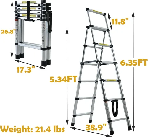 Miniatura 2 de Escalera telescópica plegable de aluminio 5+6 con pasamanos, pedal ancho de seguridad, carga máxima de 330 libras, plegable, fácil de almacenar