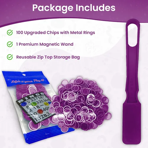 Miniatura 2 de MR CHIPS Varitas magnéticas fabricadas en Estados Unidos y chips de plástico de 3/4 pulgadas con anillos de metal, 100 piezas, bolsa de Púrpura