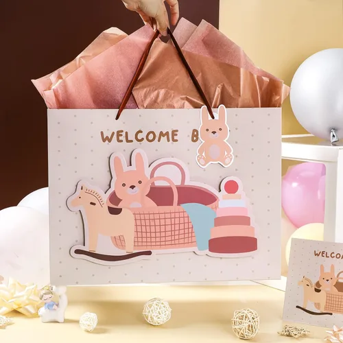 Miniatura 4 de LeZakaa Bolsa de regalo de conejo de 16 pulgadas con papel de seda, etiqueta de regalo y tarjeta, bolsa caqui con conejo en el baño y diseño de Bebé