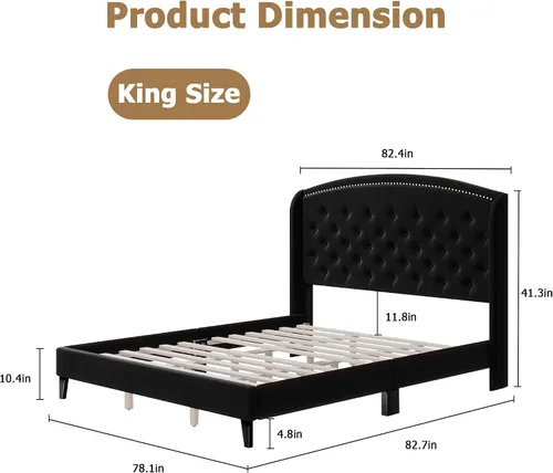 Miniatura 2 de Base de cama tamaño Queen, plataforma tapizada con cabecera de ala y diseño capitoné de botones, soporte de listones de madera, fácil montaje,