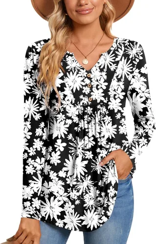 Miniatura 2 de CATHY Blusa tipo túnica de manga larga para mujer, cuello en V, con botones, informal, plisada, básica