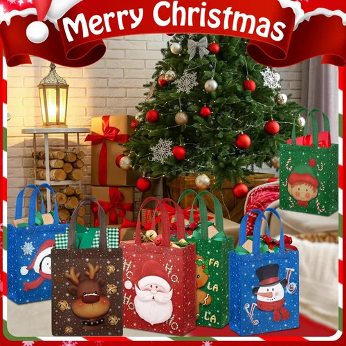 Miniatura 4 de Clysee 6 bolsas de regalo de Navidad con asas, tela no tejida, bolsas reutilizables para fiestas de Navidad, 6 estilos de 10.2 x 8.3 pulgadas