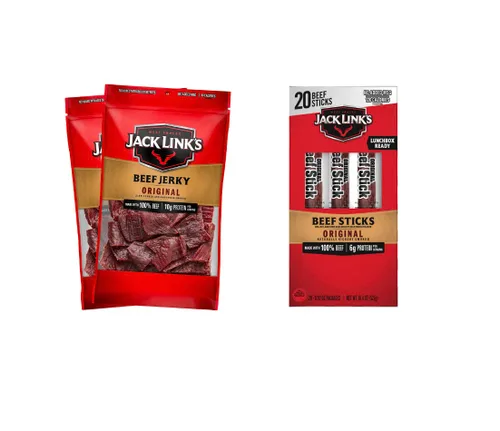 Jack Link's Carne seca original, 9 onzas (paquete de 2) + palitos de ternera, original, 0.92 onzas (20 unidades) - Gran aperitivo para el día a día,