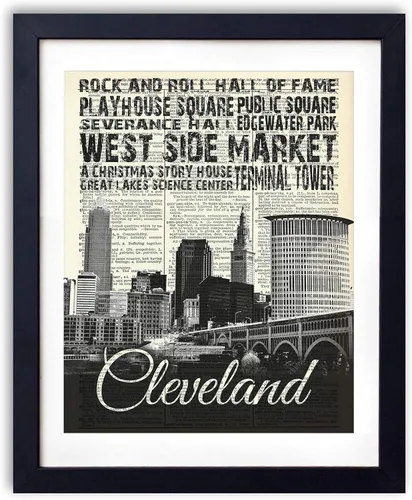 Cleveland Skyline With Landmarks Typography (#2), Vintage Dictionary Art Print, Antique Wall Art Home Decor, Boho Poster, Farmhouse Decoration