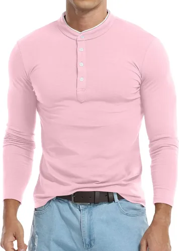 Miniatura 2 de KUYIGO Camisas polo casuales de manga larga para hombre, cuello mandarín, ajuste delgado, tops de algodón a la moda