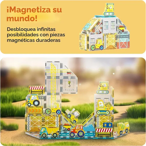 Miniatura 7 de PicassoTiles Bloques Magnéticos de Construcción con 8 Vehículos de Construcción: Camión Grúa, Excavadora, Bulldozer, Rodillo Compactador, Mezcladora