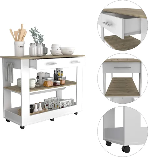 Miniatura 3 de FM FURNITURE Brooklyn 80 Isla de cocina con acento de roble claro, con estantes y cajones