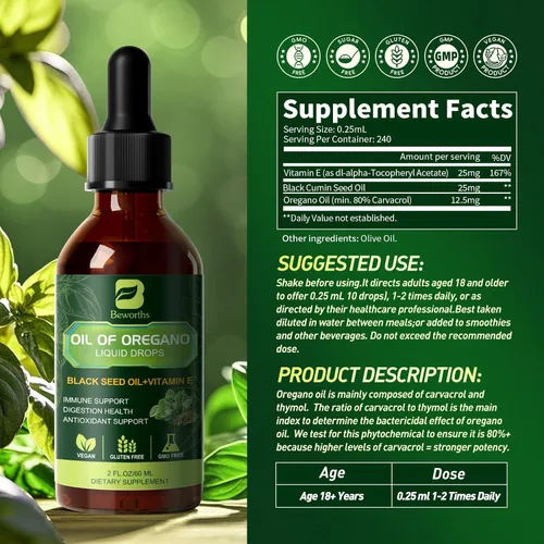 Miniatura 6 de B BEWORTHS Gotas de Aceite de Orégano Orgánico Aceite de Orégano con Aceite de Semilla Negra, Vitamina E, Gotas de Orégano 80% Carvacrol