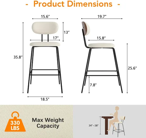 Miniatura 2 de LSSPAID Juego de 2 taburetes de bar de 25.6 pulgadas de altura de mostrador con patas de metal curvadas de madera curvada de nogal, taburetes de bar